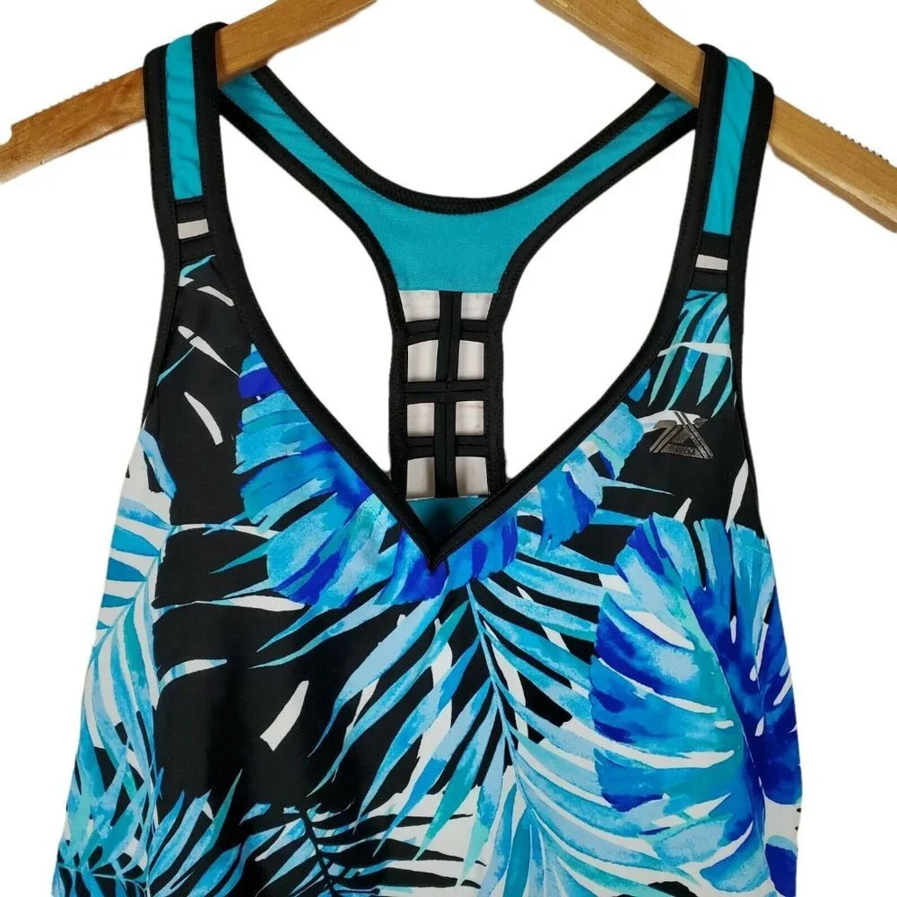 ZeroXposur Racerback Action Tankini Swimsuit Top Blue Palm UPF 50+ Sz Small NEW